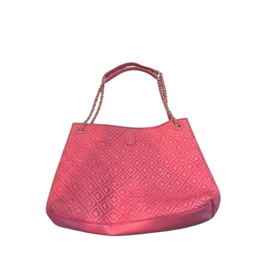 Tory Burch Marion Quilted Slouchy Chain Tote Bag Peony Leather EUC